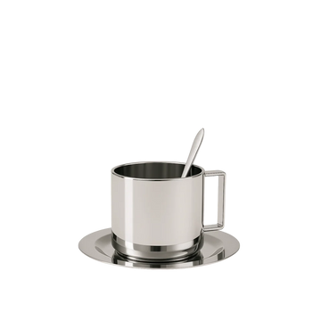 Cappuccinokop i rustfrit stål med underkop og ske