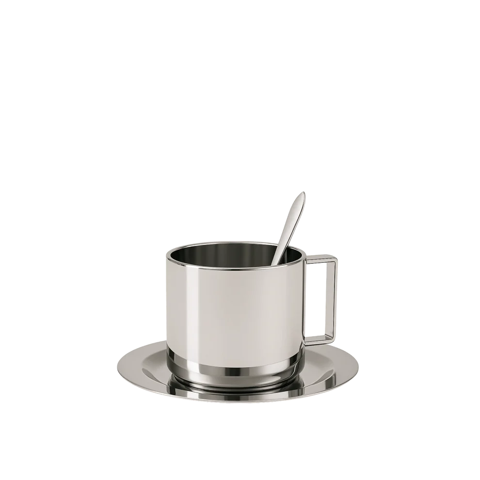 Cappuccinokop i rustfrit stål med underkop og ske